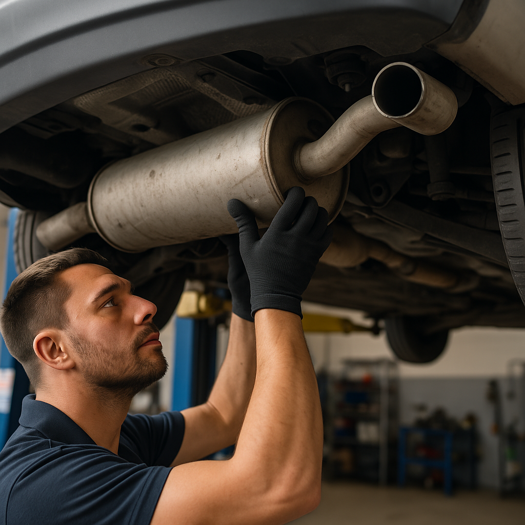 Car Mechanic working on exhaust pipe.